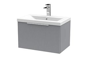 Hudson Reed DFF294A Fluted Modern Bathroom Wall Hung 1 Drawer Vanity Basin Unit with Mid-Edge Ceramic Basin, 600mm, Satin Grey