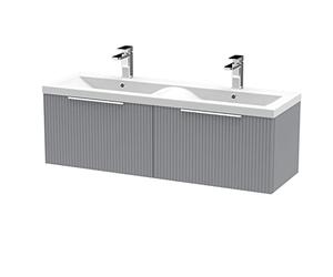Hudson Reed DFF294F Fluted Modern Bathroom Wall Hung 2 Drawer Double Vanity Basin Unit with Twin Ceramic Basin, 1200mm, Satin Grey