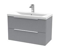 Hudson Reed DFF295A Fluted Modern Bathroom Wall Hung 2 Drawer Vanity Basin Unit with Mid-Edge Ceramic Basin, 800mm, Satin Grey