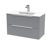 Hudson Reed DFF295B Fluted Modern Bathroom Wall Hung 2 Drawer Vanity Basin Unit with Minimalist Ceramic Basin, 800mm, Satin Grey
