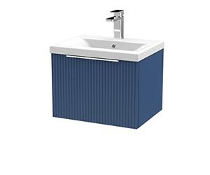Hudson Reed DFF391A Fluted Modern Bathroom Wall Hung 1 Drawer Vanity Basin Unit with Mid-Edge Ceramic Basin, 500mm, Satin Blue