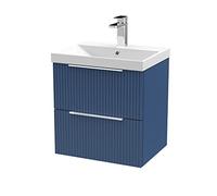 Hudson Reed DFF392D Fluted Modern Bathroom Wall Hung 2 Drawer Vanity Basin Unit with Thin-Edge Ceramic Basin, 500mm, Satin Blue