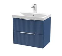 Hudson Reed DFF393D Fluted Modern Bathroom Wall Hung 2 Drawer Vanity Basin Unit with Thin-Edge Ceramic Basin, 600mm, Satin Blue