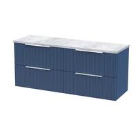 Hudson Reed DFF393LBG2 Fluted Modern Bathroom Wall Hung 4 Soft Close Drawer Vanity Unit and Bellato Grey Laminate Worktop, 1200mm, Satin Blue