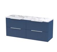 Hudson Reed Fluted Wall Hung 4 Drawer Vanity Unit with Matt Carrera Marble Laminate Worktop | Satin Blue | MFC | 1200mm