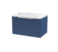 Hudson Reed DFF394LCM Fluted Modern Bathroom Wall Hung Single Soft Close Drawer Vanity Unit and Carrera Marble Laminate Worktop, 600mm, Satin Blue