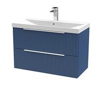 Hudson Reed DFF395D Fluted Modern Bathroom Wall Hung 2 Drawer Vanity Basin Unit with Thin-Edge Ceramic Basin, 800mm, Satin Blue