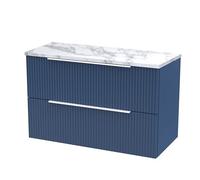 Hudson Reed DFF395LCM Fluted Modern Bathroom Wall Hung 2 Soft Close Drawer Vanity Unit and Carrera Marble Laminate Worktop, 800mm, Satin Blue