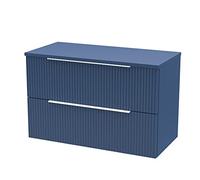 Hudson Reed DFF395W Fluted Modern Bathroom Wall Hung 2 Drawer Vanity Unit with Colour Match Worktop, 800mm, Satin Blue