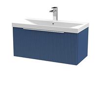 Hudson Reed Fluted 800Mm Wall Hung Single Drawer Vanity And Thin-edge Basin - Satin Blue