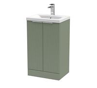 Hudson Reed DFF823A Fluted Modern Bathroom Floor Standing 2 Door Vanity Basin Unit with Mid-Edge Ceramic Basin, 500mm, Satin Green
