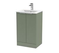 Hudson Reed DFF823B Fluted Modern Bathroom Floor Standing 2 Door Vanity Basin Unit with Minimalist Ceramic Basin, 500mm, Satin Green