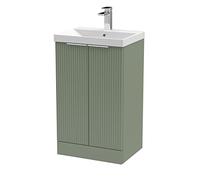 Hudson Reed DFF823D Fluted Modern Bathroom Floor Standing 2 Door Vanity Basin Unit with Thin-Edge Ceramic Basin, 500mm, Satin Green