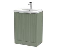 Hudson Reed DFF825A Fluted Modern Bathroom Floor Standing 2 Door Vanity Basin Unit with Mid-Edge Ceramic Basin, 600mm, Satin Green
