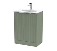 Hudson Reed Fluted Floor Standing 2 Door Vanity Unit with 18mm Profile Basin | Satin Green | MDF | 600mm
