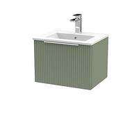 Hudson Reed DFF891B Fluted Modern Bathroom Wall Hung 1 Drawer Vanity Basin Unit with Minimalist Ceramic Basin, 500mm, Satin Green