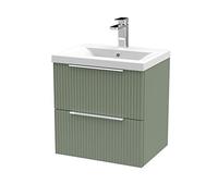 Hudson Reed DFF892A Fluted Modern Bathroom Wall Hung 2 Drawer Vanity Basin Unit with Mid-Edge Ceramic Basin, 500mm, Satin Green