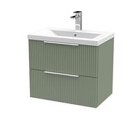 Hudson Reed DFF893A Fluted Modern Bathroom Wall Hung 2 Drawer Vanity Basin Unit with Mid-Edge Ceramic Basin, 600mm, Satin Green