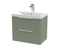 Hudson Reed DFF893D Fluted Modern Bathroom Wall Hung 2 Drawer Vanity Unit with Thin-Edge Ceramic Basin, Satin Green