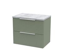 Hudson Reed DFF893LBG Fluted Modern Bathroom Wall Hung 2 Drawer Vanity Unit with Bellato Grey Laminate Worktop, 600mm, Satin Green