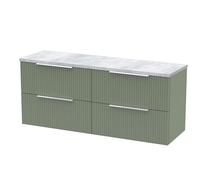 Hudson Reed DFF893LBG2 Fluted Modern Bathroom Wall Hung 4 Soft Close Drawer Vanity Unit and Bellato Grey Laminate Worktop, 1200mm, Satin Green