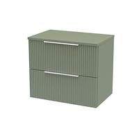 Hudson Reed DFF893W Fluted Modern Bathroom Wall Hung 2 Drawer Vanity Unit with Colour Match Worktop, 600mm, Satin Green