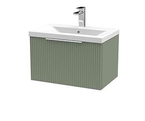 Hudson Reed DFF894A Fluted Modern Bathroom Wall Hung 1 Drawer Vanity Basin Unit with Mid-Edge Ceramic Basin, 600mm, Satin Green