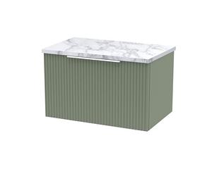 Hudson Reed DFF894LCM Fluted Modern Bathroom Wall Hung Single Soft Close Drawer Vanity Unit and Carrera Marble Laminate Worktop, 600mm, Satin Green