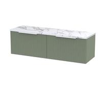 Hudson Reed DFF894LCM2 Fluted Modern Bathroom Wall Hung 2 Soft Close Drawer Vanity Unit and Carrera Marble Laminate Worktop, 1200mm, Satin Green