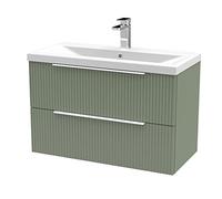 Hudson Reed DFF895A Fluted Modern Bathroom Wall Hung 2 Drawer Vanity Basin Unit with Mid-Edge Ceramic Basin, 800mm, Satin Green
