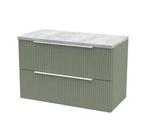 Hudson Reed DFF895LBG Fluted Modern Bathroom Wall Hung 2 Drawer Vanity Unit with Bellato Grey Laminate Worktop, 800mm, Satin Green