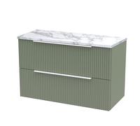 Hudson Reed Fluted Wall Hung 2 Drawer Vanity Unit with Matt Carrera Marble Laminate Worktop | Satin Green | MFC | 800mm