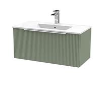 Hudson Reed Fluted Wall Hung 1-Drawer Vanity And Minimalist Basin, Contemporary Sink Vanity Unit, Satin Green, 800mm