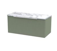 Hudson Reed DFF896LCM Fluted Modern Bathroom Wall Hung Single Soft Close Drawer Vanity Unit and Carrera Marble Laminate Worktop, 800mm, Satin Green
