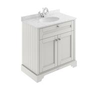 Old London Woodgrain 2 Door Vanity Unit with Grey Marble Countertop and Round Ceramic Basin | Timeless Sand | MDF | 800mm