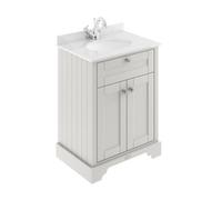 Old London Woodgrain 2 Door Vanity Unit with White Marble Countertop and Round Ceramic Basin | Timeless Sand | MDF | 600mm