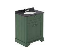Old London Matt 2 Door Vanity Unit with Black Marble Countertop and Round Ceramic 3 Tap Hole Basin | Hunter Green | MDF | 600mm