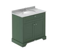 Old London Matt 2 Door Vanity Unit with Grey Marble Countertop and Round Ceramic 3 Tap Hole Basin | Hunter Green | MDF | 800mm