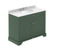 Old London Matt 2 Door Vanity Unit with White Marble Countertop and Round Ceramic 3 Tap Hole Basin | Hunter Green | MDF | 1000mm