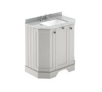 Old London Woodgrain Angled 2 Door Vanity Unit with Grey Marble Countertop and Square Ceramic 3 Tap Hole Basin | Timeless Sand | MDF | 600mm