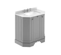 Old London Woodgrain Angled 2 Door Vanity Unit with White Marble Countertop and Square Ceramic 3 Tap Hole Basin | Storm Grey | MDF | 600mm