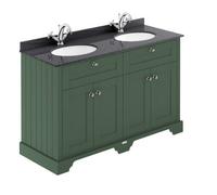 Old London Matt 4 Door Vanity Unit with Black Marble Countertop and 2 Round Ceramic Basins | Hunter Green | MDF | 1200mm