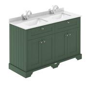 Old London Matt 4 Door Vanity Unit with White Marble Countertop and 2 Square Ceramic Basins | Hunter Green | MDF | 1200mm