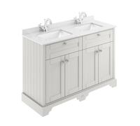 Old London Woodgrain 4 Door Vanity Unit with White Marble Countertop and 2 Square Ceramic Basins | Timeless Sand | MDF | 1200mm