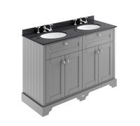Hudson Reed Floor Standing Four Door Traditional Vanity Unit With 3 Tap Hole Black Marble Double Basin In Storm Grey, 1220 X 470mm
