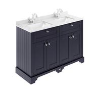 Hudson Reed Floor Standing Four Door Traditional Vanity Unit With White Marble Double Square Basin In Twilight Blue, 1250 X 505mm