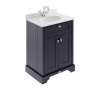 Old London Woodgrain 2 Door Vanity Unit with Grey Marble Countertop and Round Ceramic Basin | Twilight Blue | MDF | 600mm