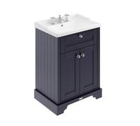 Old London Woodgrain 2 Door Vanity Unit and Edwardian 3 Tap Hole Basin | Twilight Blue | MDF | 600mm