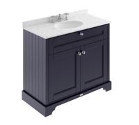 Old London Woodgrain 2 Door Vanity Unit with Grey Marble Countertop and Round Ceramic 3 Tap Hole Basin | Twilight Blue | MDF | 1000mm