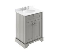 Old London Woodgrain 2 Door Vanity Unit with Grey Marble Countertop and Round Ceramic 3 Tap Hole Basin | Storm Grey | MDF | 600mm